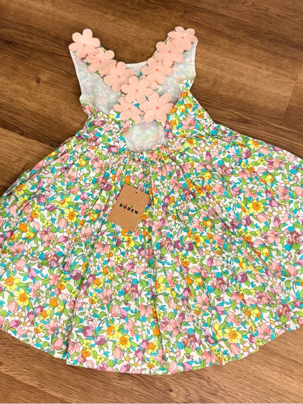 Boden Multicolor Floral Cotton Dress with Pink Flower Appliqué